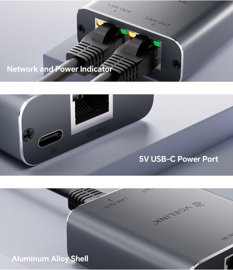 VCELINK Ethernet Splitter 1 to 2, 1000Mbps Ethernet Switch with USB Power Cable, Supports 2 Devices Simultaneously Networking, Compatible with Cat7/Cat6/Cat5, Ideal for PS5, Xbox, Smart TVs, Laptops - Image 5